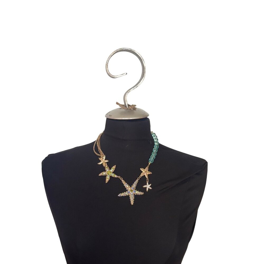 Starfish Pendant Necklace With Blue & Green Crystal Beads Gold-Tone Chain Lobste